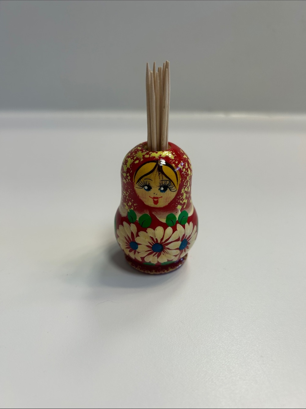 Hand-Painted Matryoshka Toothpick / Candle Holder — Red Floral Design